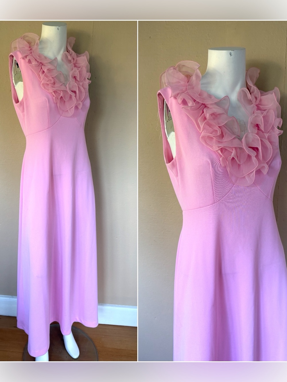 Vintage Empire Waist V-Neck Maxi Dress | 70’s Pink Ruffle Neckline Babydoll Gown